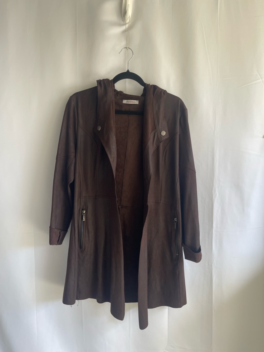 Women's Brown Hooded Trench Coat with Zip Pockets